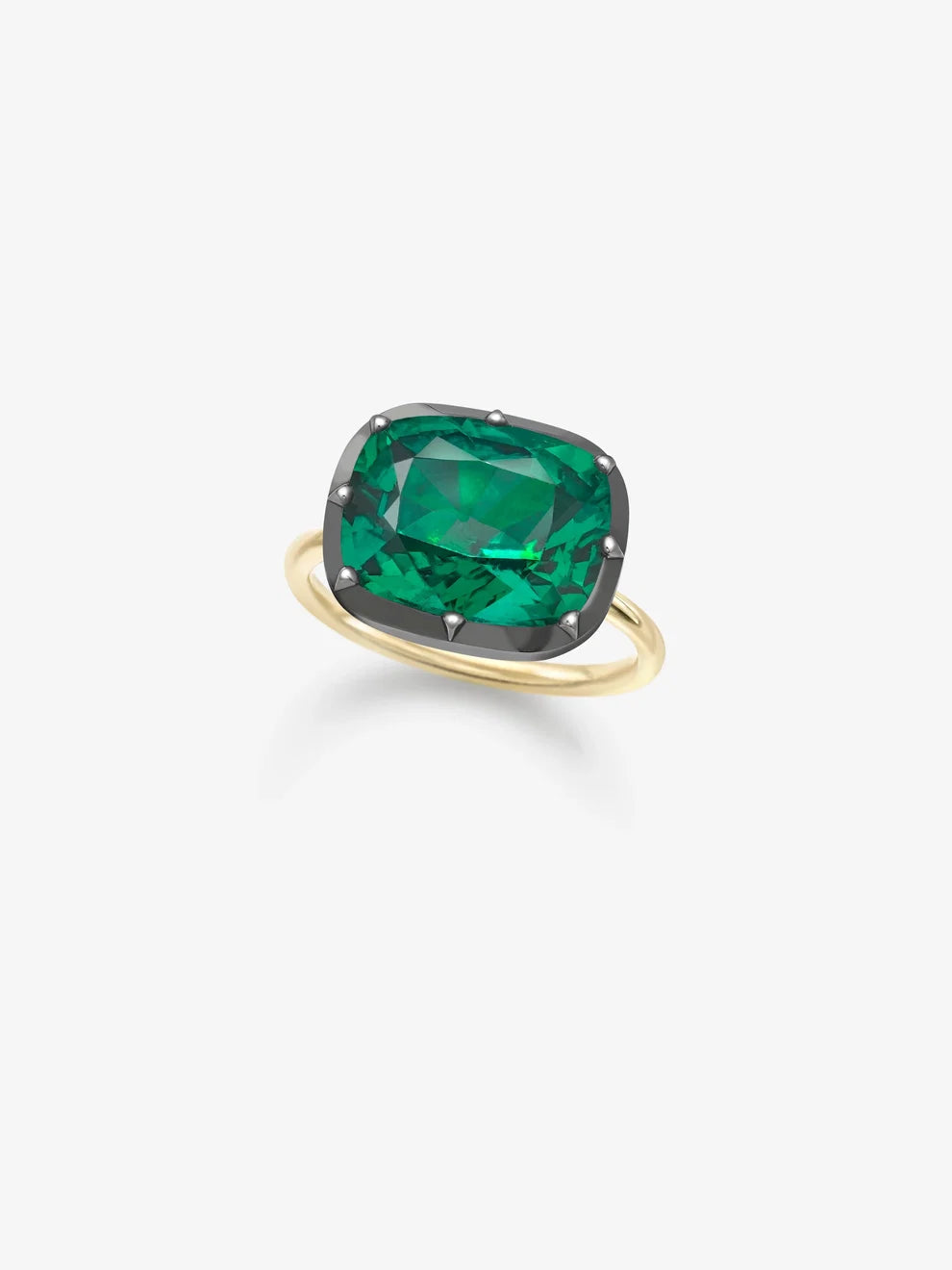 East-West Cushion Cut Emerald Engagement Ring, Dark Bezel Solitaire Ring