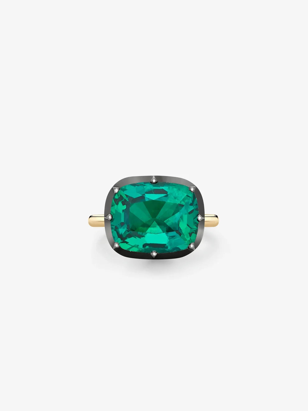 East-West Cushion Cut Emerald Engagement Ring, Dark Bezel Solitaire Ring