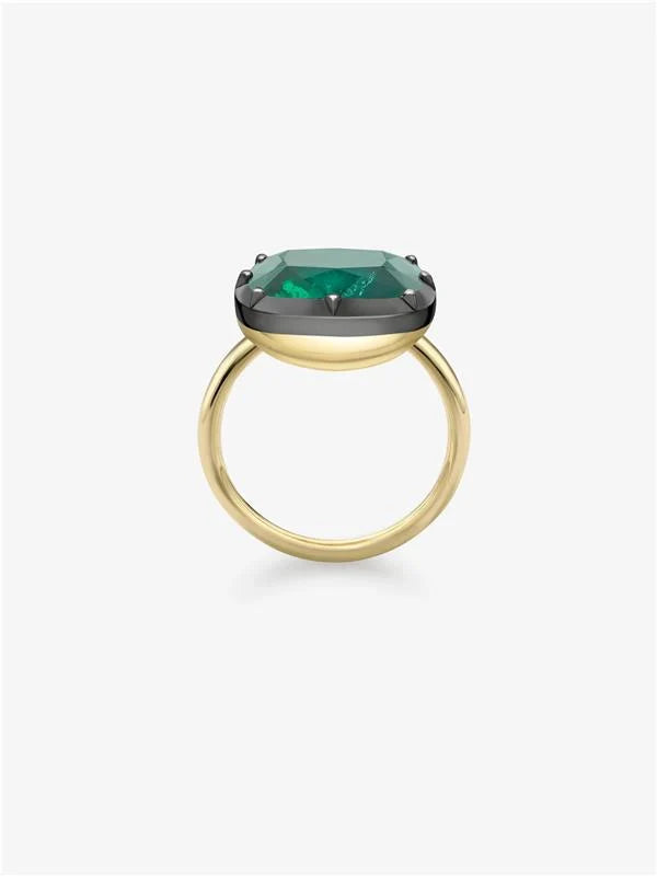 East-West Cushion Cut Emerald Engagement Ring, Dark Bezel Solitaire Ring