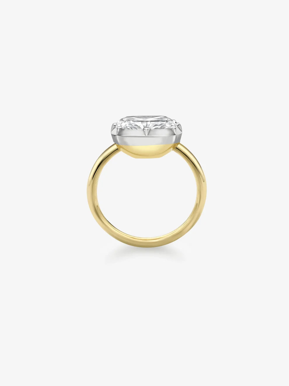 East-West Cushion Cut Lab Grown Diamond Engagement Ring, Two-Tone Bezel Prong Solitaire Ring