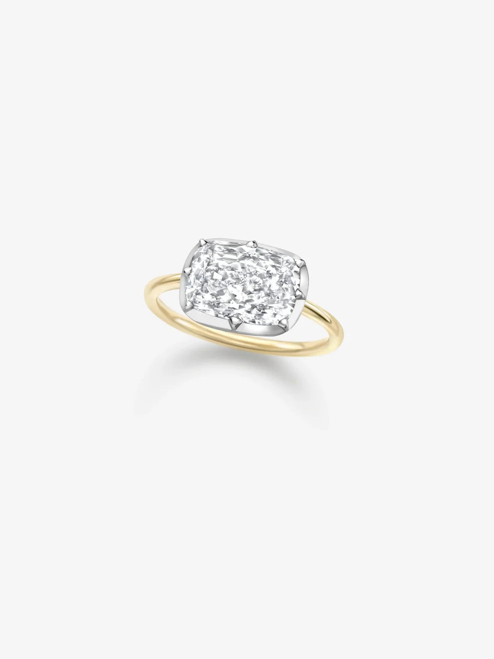 East-West Cushion Cut Lab Grown Diamond Engagement Ring, Two-Tone Bezel Prong Solitaire Ring