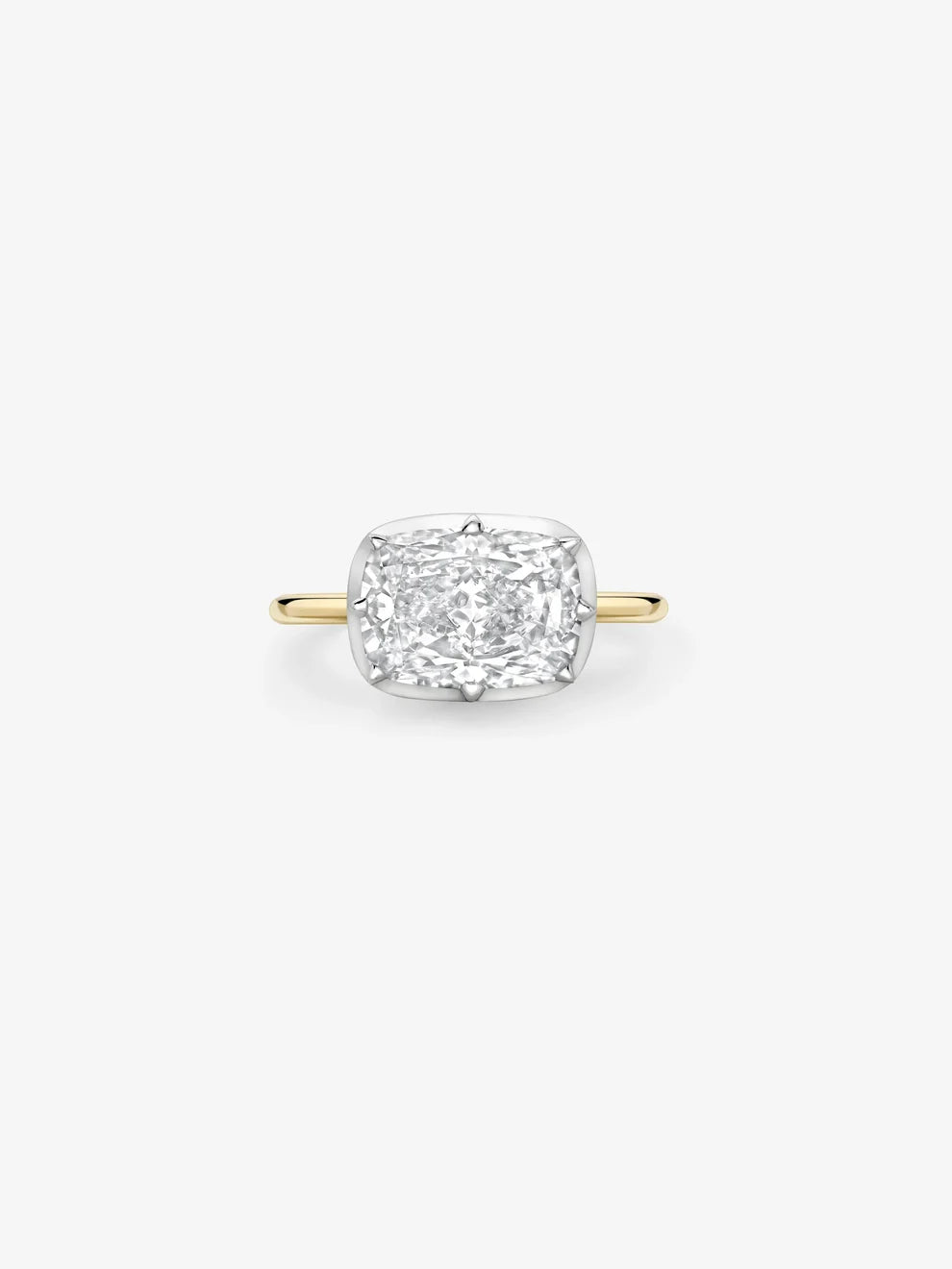 East-West Cushion Cut Lab Grown Diamond Engagement Ring, Two-Tone Bezel Prong Solitaire Ring