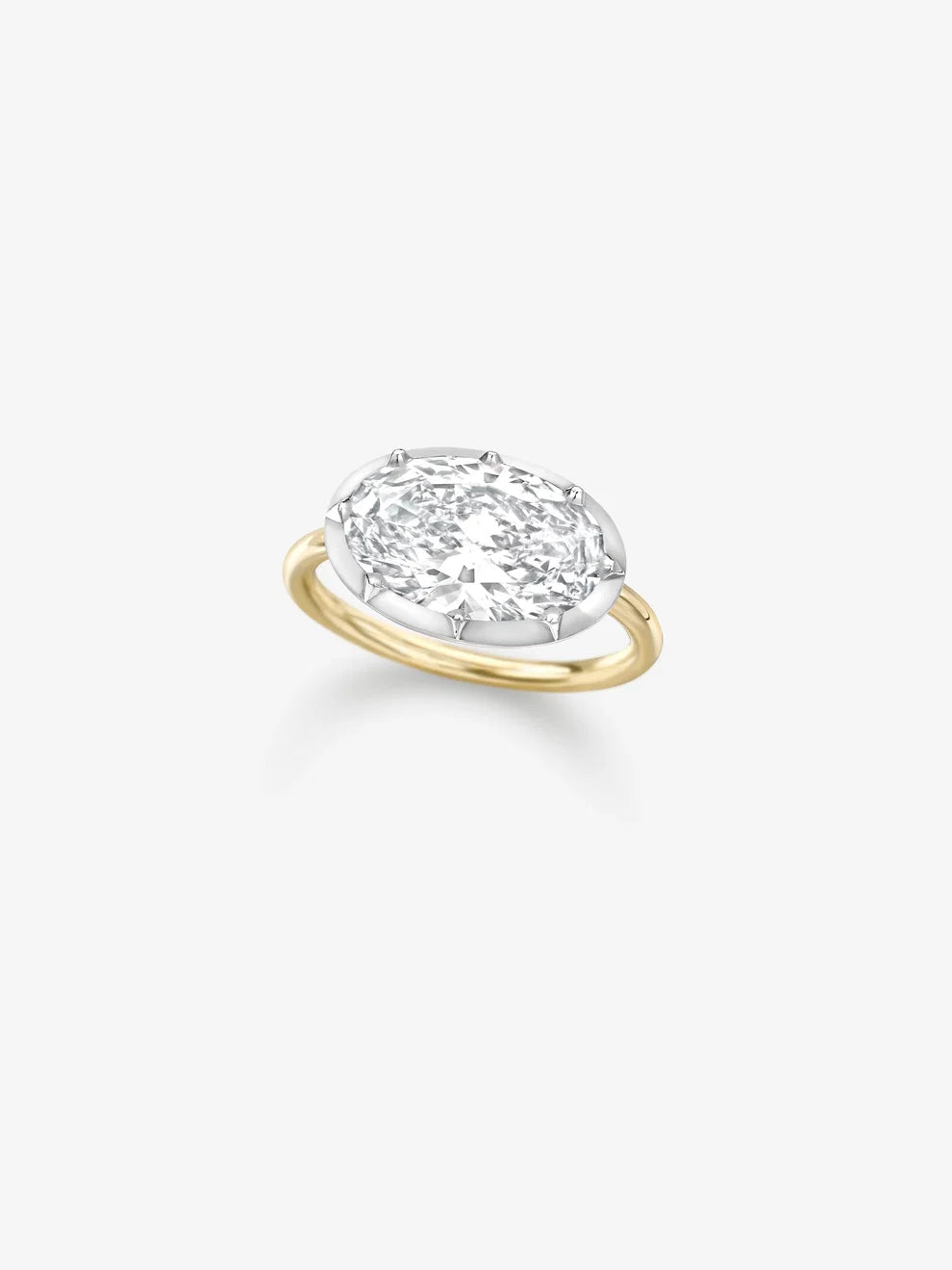 East-West Oval Cut Lab Grown Diamond Engagement Ring, Bezel Prong Solitaire Ring