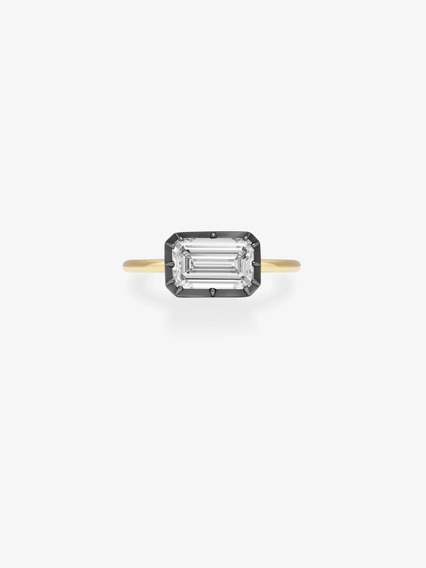 East-West Emerald Cut Lab Grown Diamond Engagement Ring, Dark Bezel Solitaire Ring