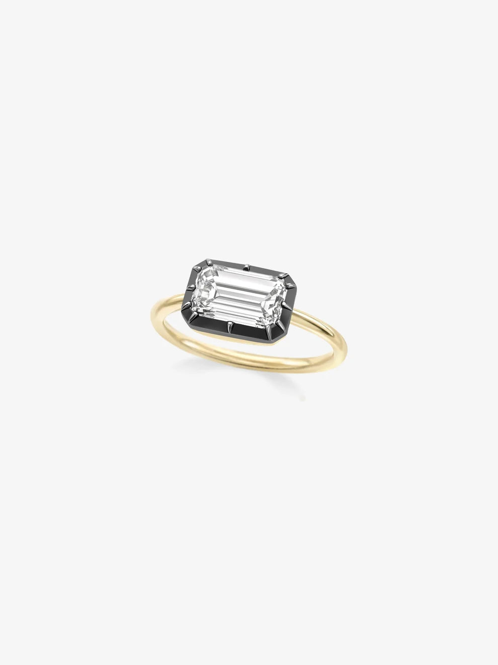 East-West Emerald Cut Lab Grown Diamond Engagement Ring, Dark Bezel Solitaire Ring