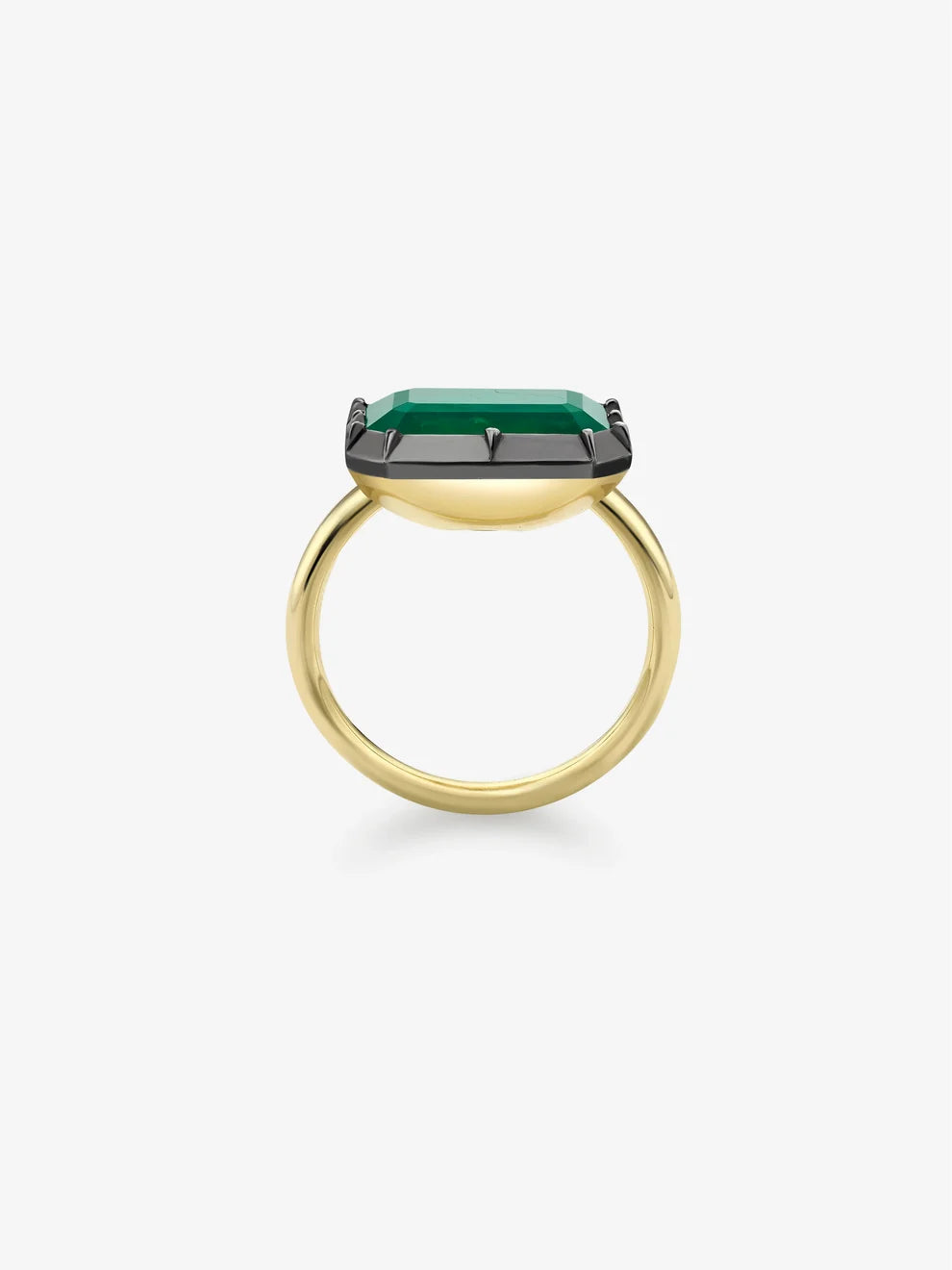East-West Emerald Cut Lab Grown Emerald Solitaire Ring, Dark Bezel Gemstone Ring