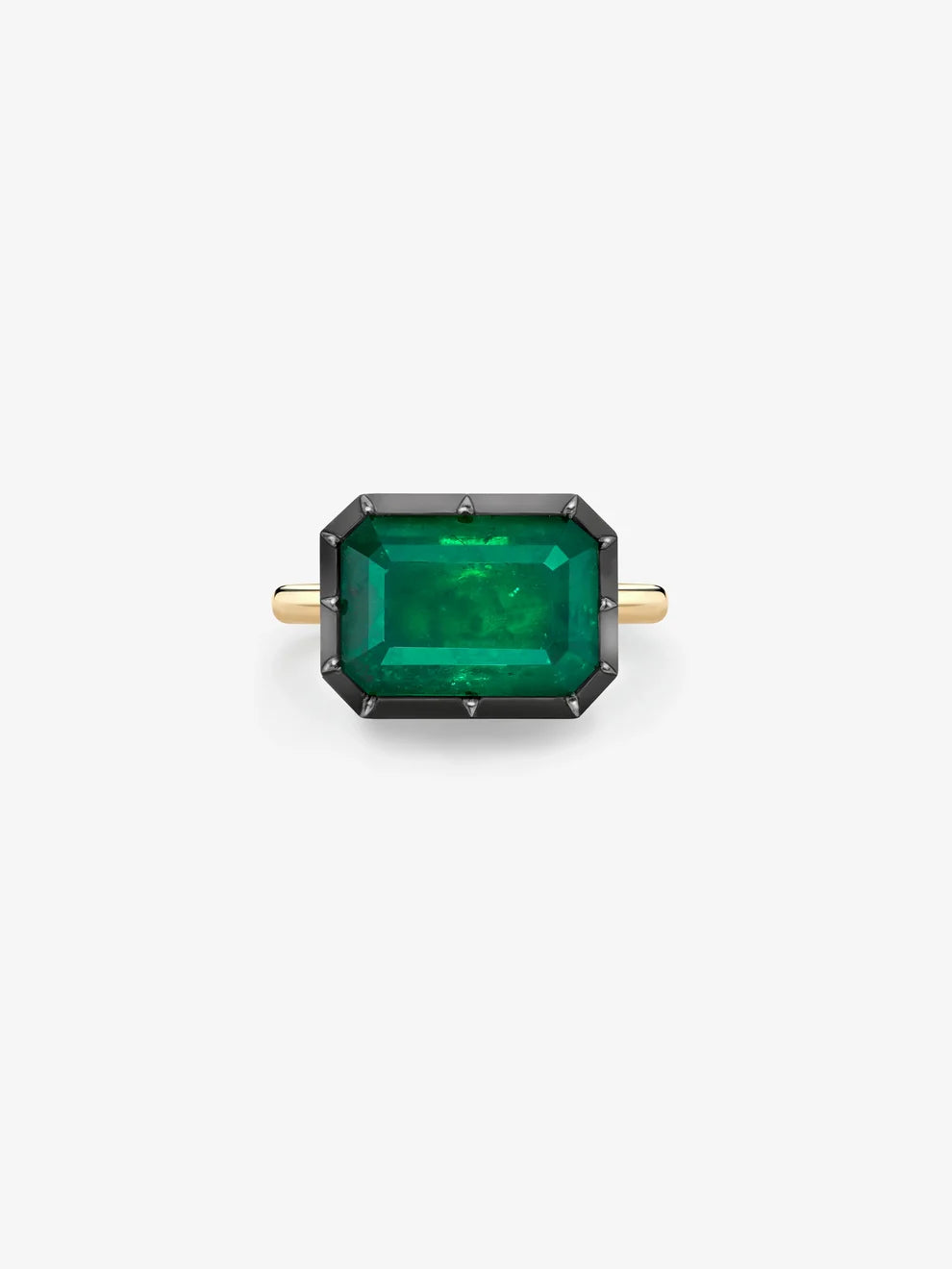 East-West Emerald Cut Lab Grown Emerald Solitaire Ring, Dark Bezel Gemstone Ring
