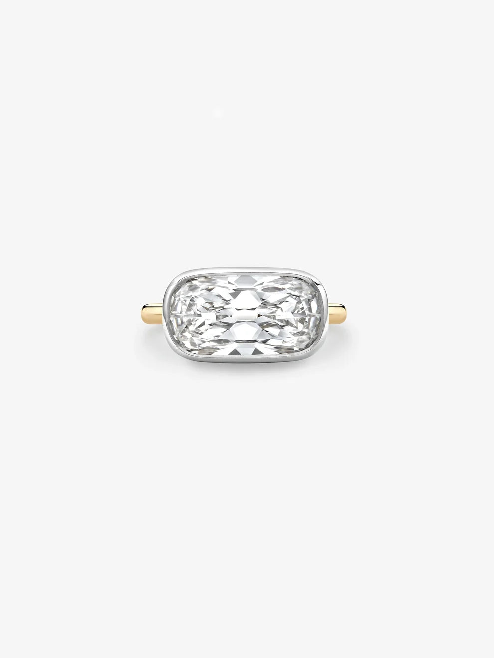 East-West Cushion Cut Lab Grown Diamond Engagement Ring, Two-Tone Bezel Solitaire Ring