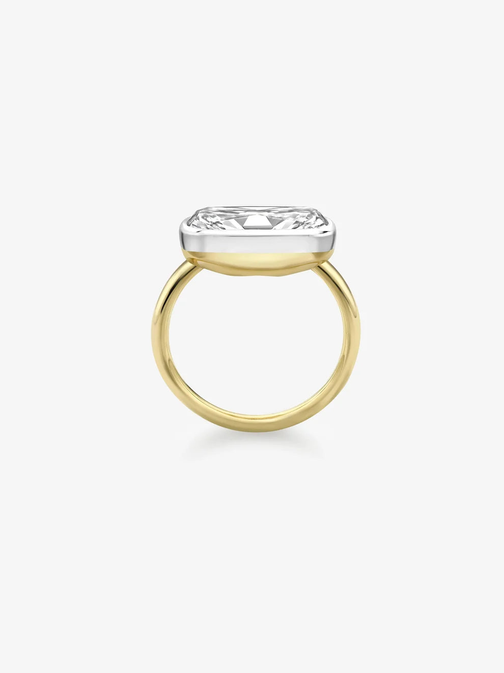East-West Cushion Cut Lab Grown Diamond Engagement Ring, Two-Tone Bezel Solitaire Ring