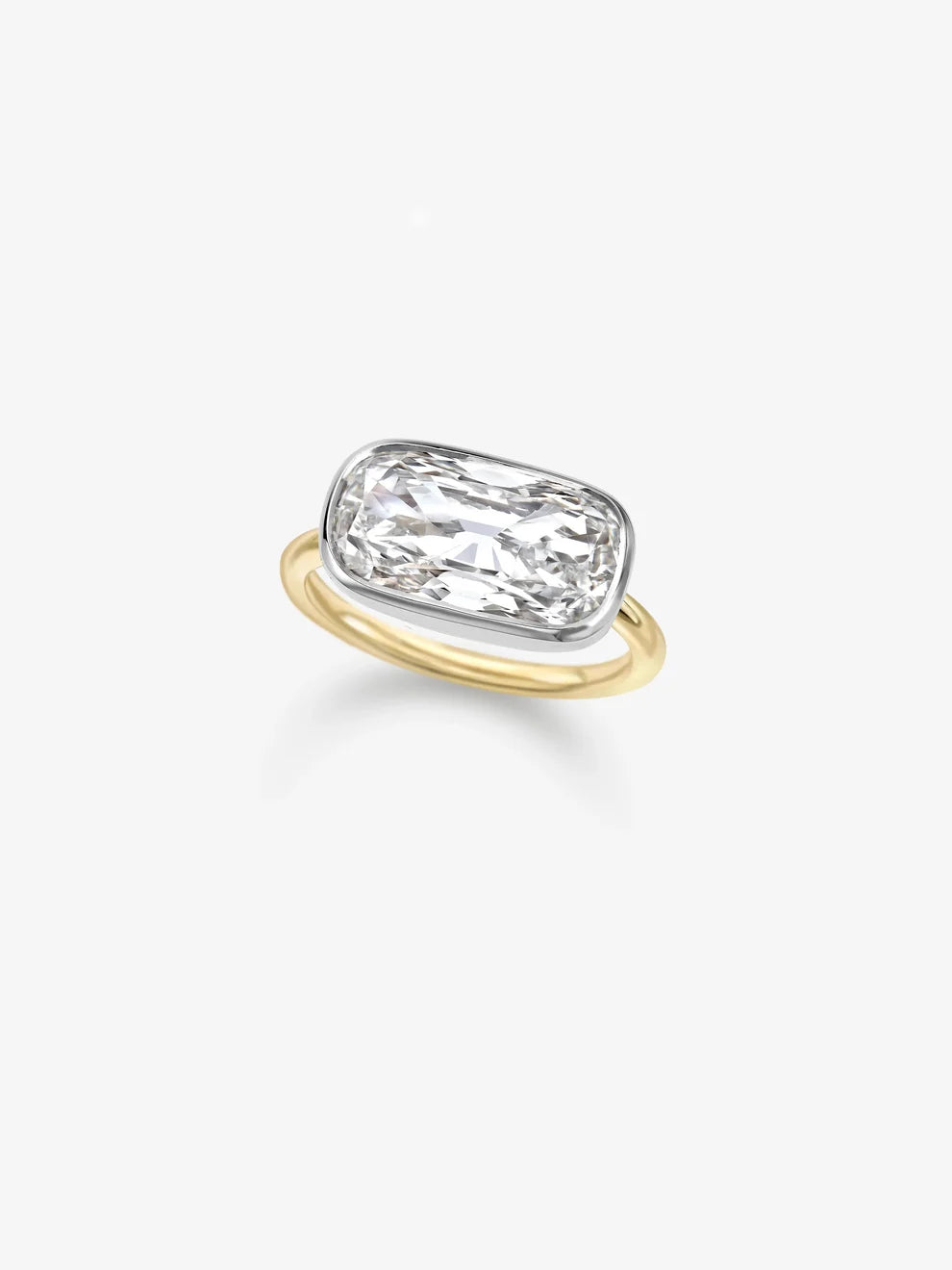 East-West Cushion Cut Lab Grown Diamond Engagement Ring, Two-Tone Bezel Solitaire Ring