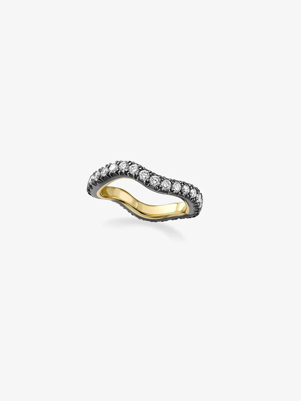 Curved Wave Diamond Wedding Band, Black Enamel Yellow Gold Curved Ring