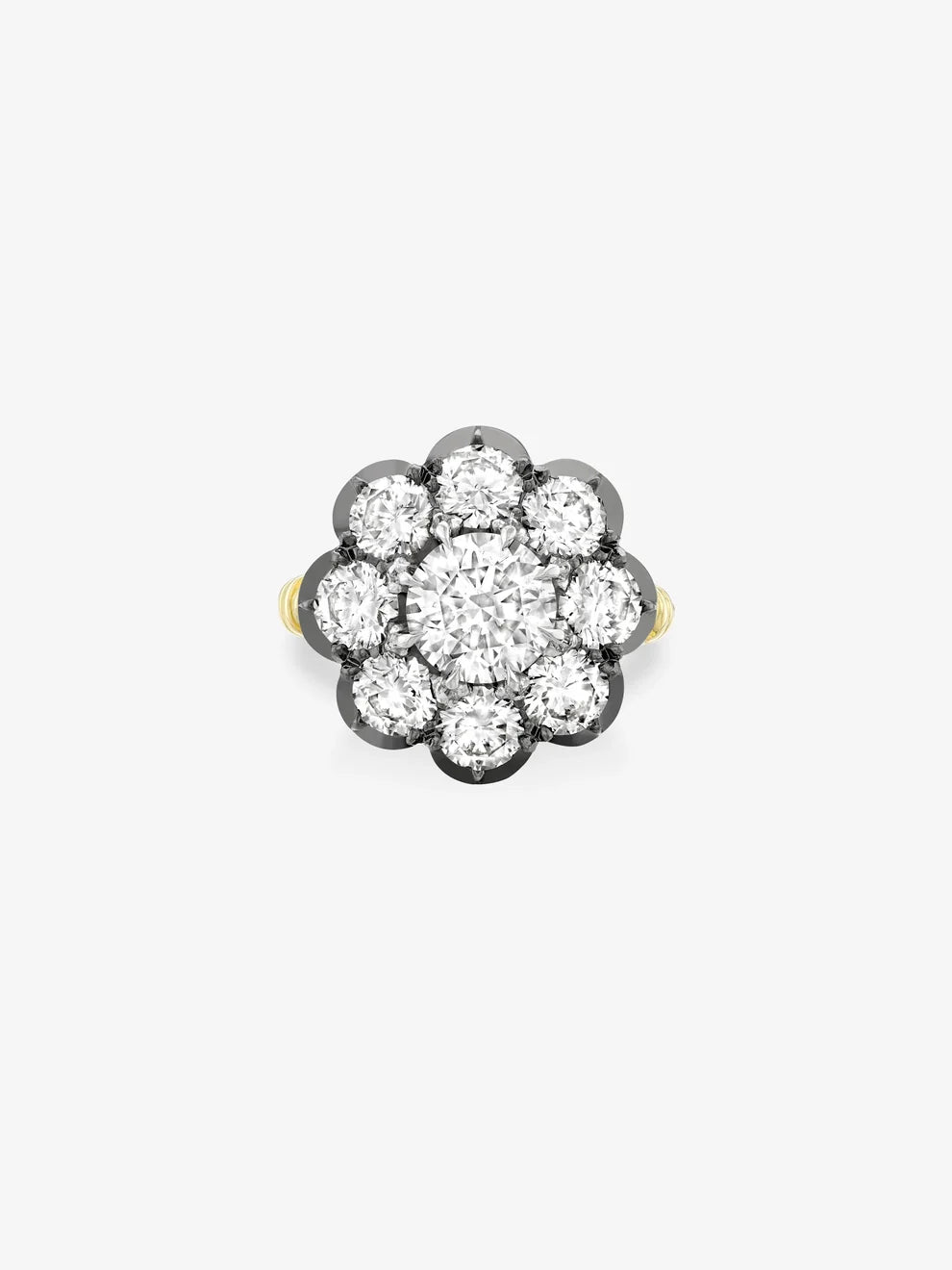 Round Cut Lab Grown Diamond Flower Cluster Ring, Dark Bezel Floral Cluster Engagement Ring