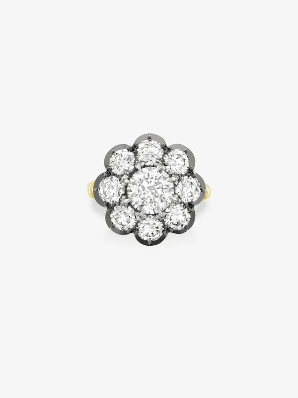 Round Cut Lab Grown Diamond Flower Cluster Ring, Dark Bezel Floral Cluster Engagement Ring