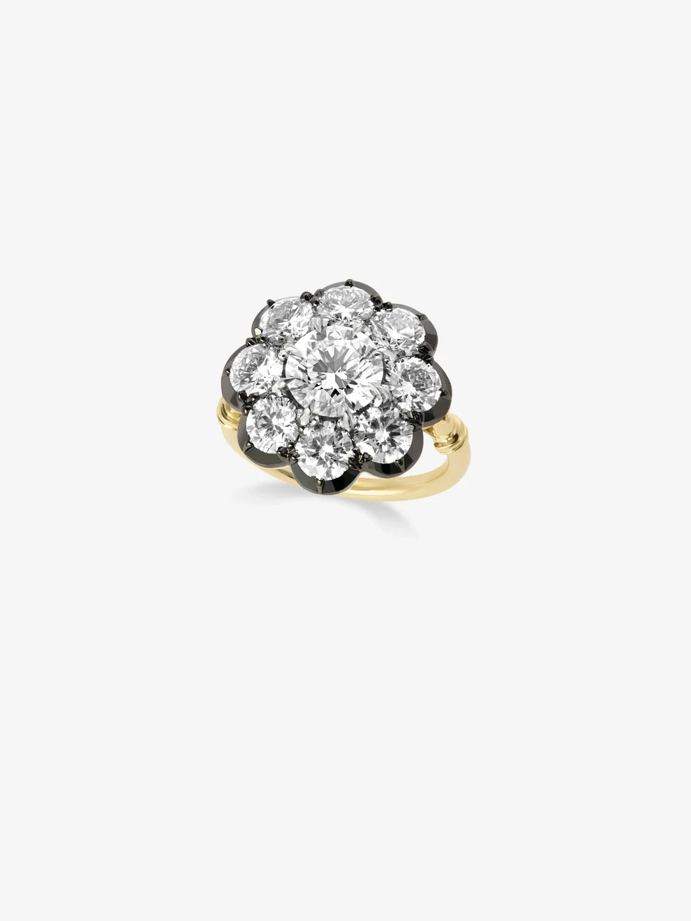 Round Cut Lab Grown Diamond Flower Cluster Ring, Dark Bezel Floral Cluster Engagement Ring