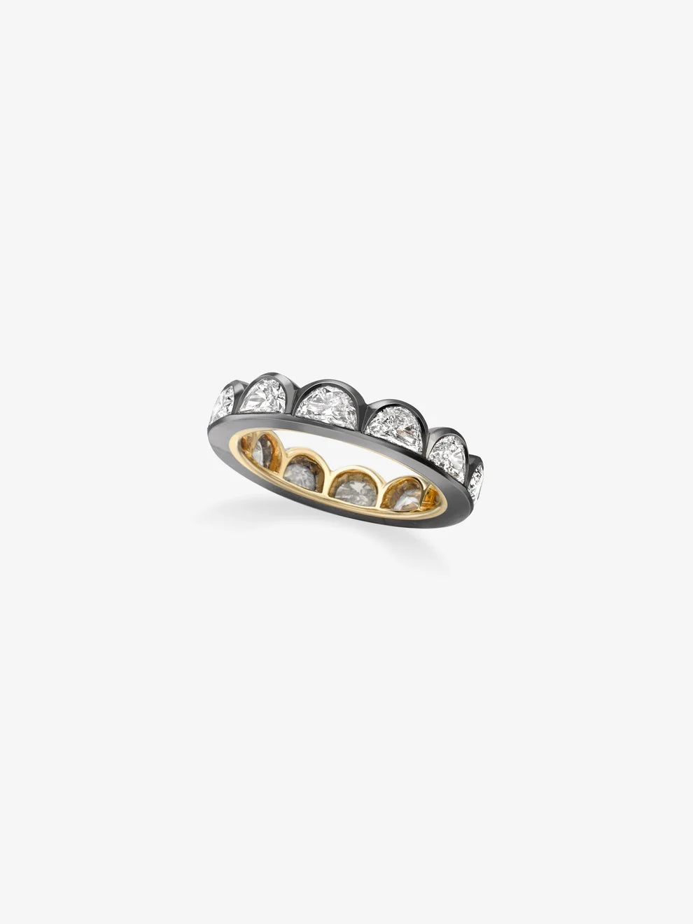 Half Moon Cut Lab Grown Diamond Eternity Band, Black Rhodium Scalloped Bezel Ring