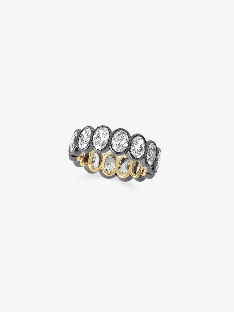 Oval Cut Lab Grown Diamond Bezel Eternity Band, Vintage Milgrain Two-Tone Wedding Band