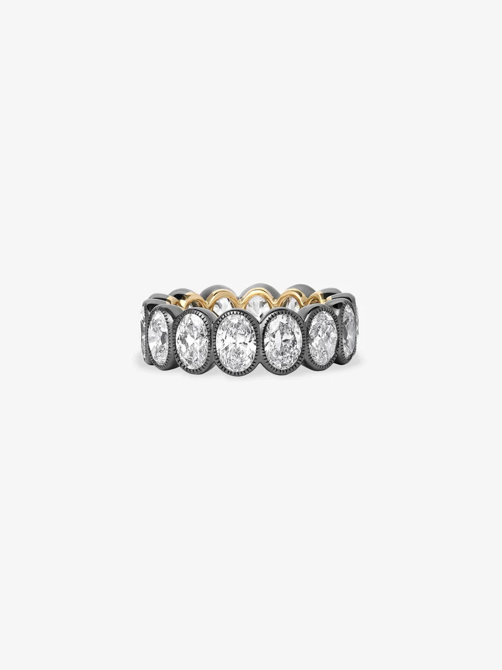 Oval Cut Lab Grown Diamond Bezel Eternity Band, Vintage Milgrain Two-Tone Wedding Band