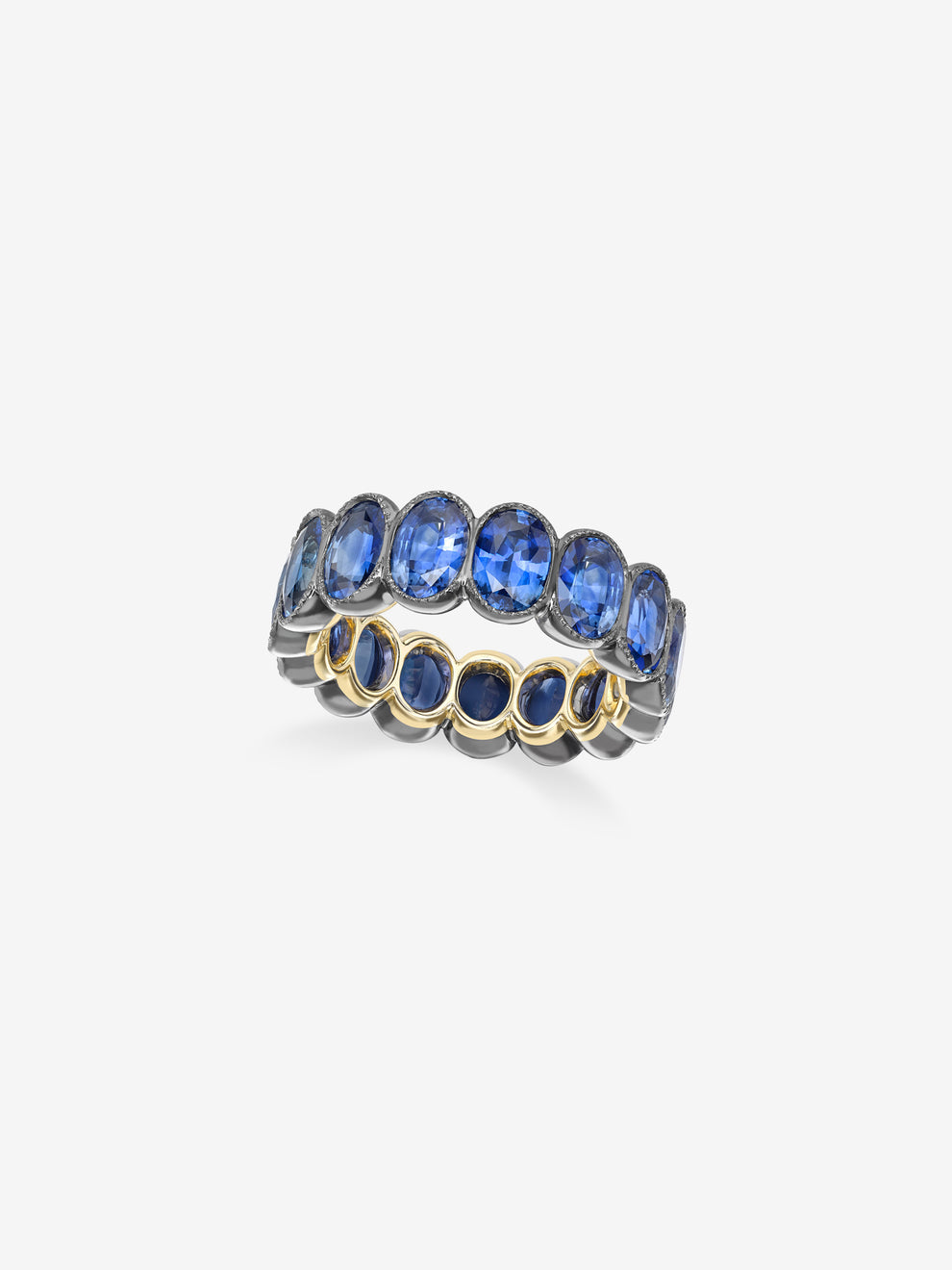 Oval Cut Blue Sapphire Eternity Ring, Blackened Bezel Yellow Gold Band Ring