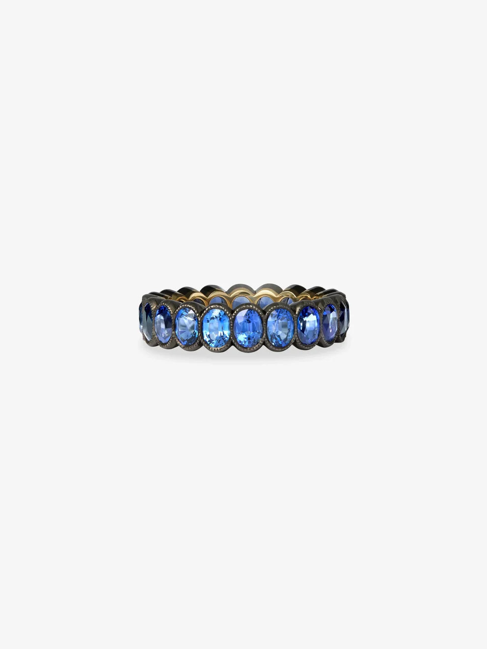 Oval Cut Blue Sapphire Eternity Ring, Blackened Bezel Yellow Gold Band Ring