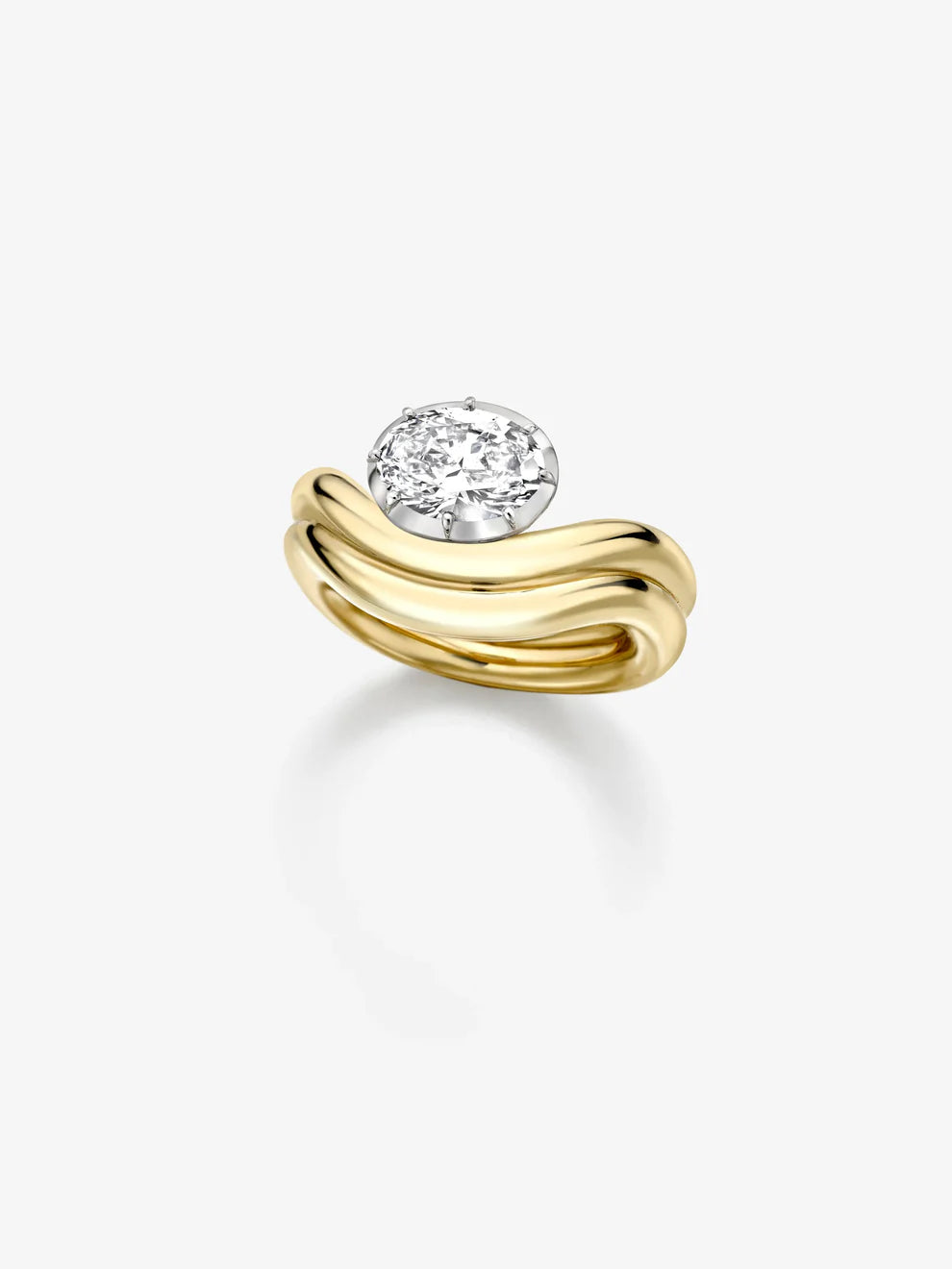 Oval Cut Lab Grown Diamond Engagement Ring, Curved Wave Band Solitaire Ring
