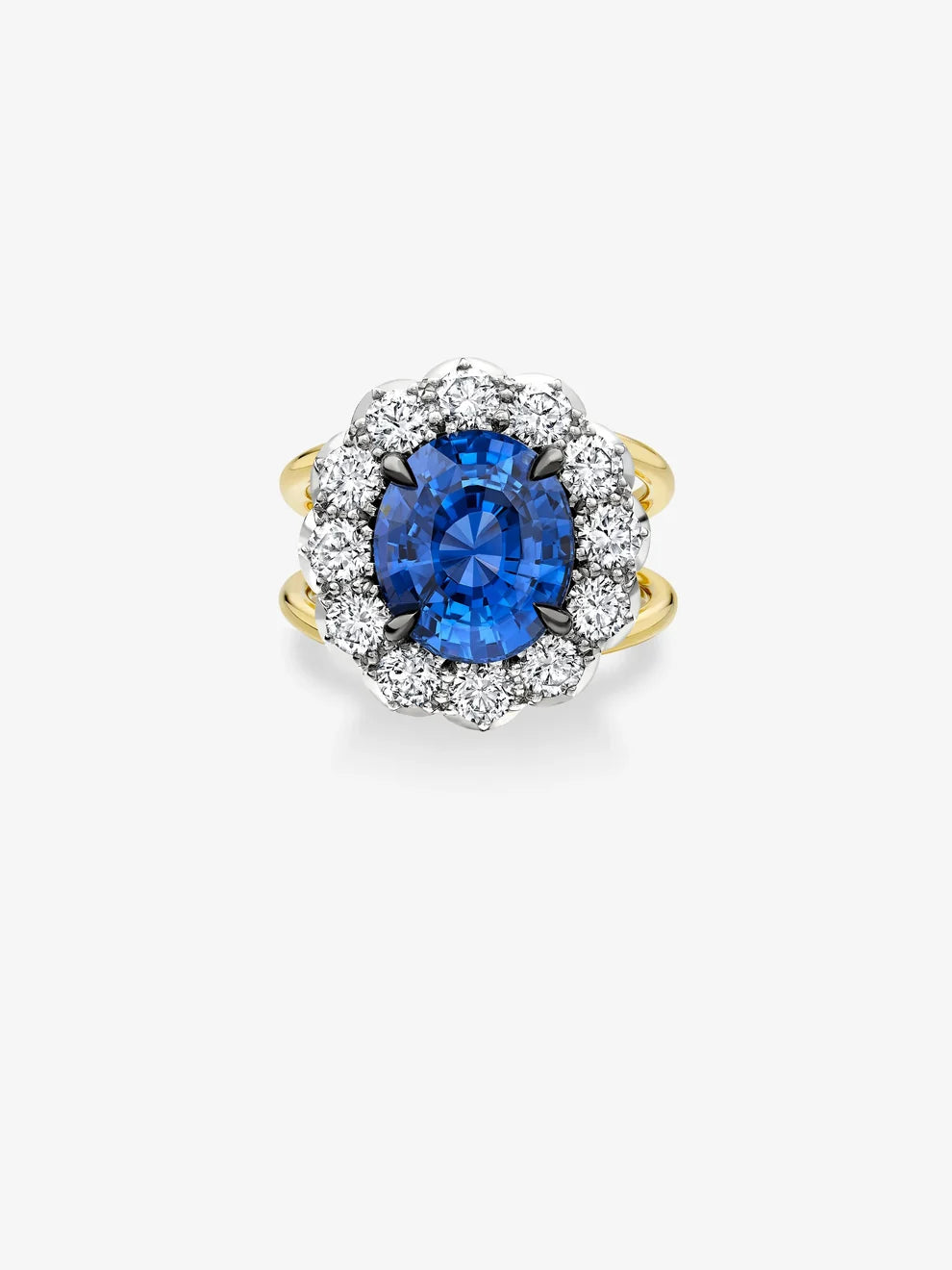 Oval Cut Blue Sapphire Scalloped Halo Engagement Ring, Round Lab Grown Diamond Floral Cluster Ring