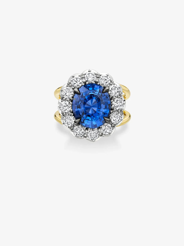 Oval Cut Blue Sapphire Scalloped Halo Engagement Ring, Round Lab Grown Diamond Floral Cluster Ring