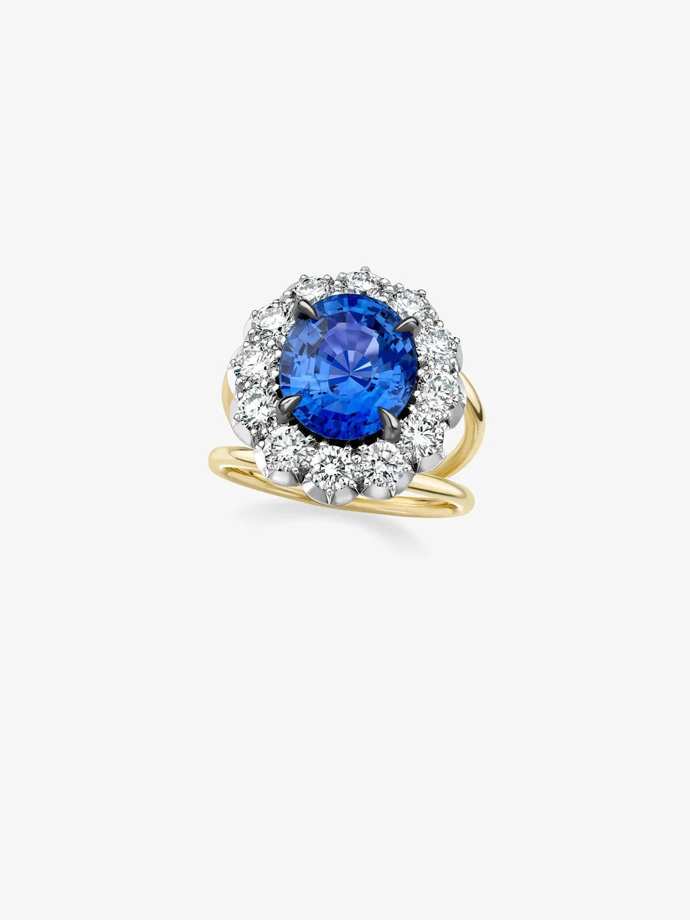 Oval Cut Blue Sapphire Scalloped Halo Engagement Ring, Round Lab Grown Diamond Floral Cluster Ring