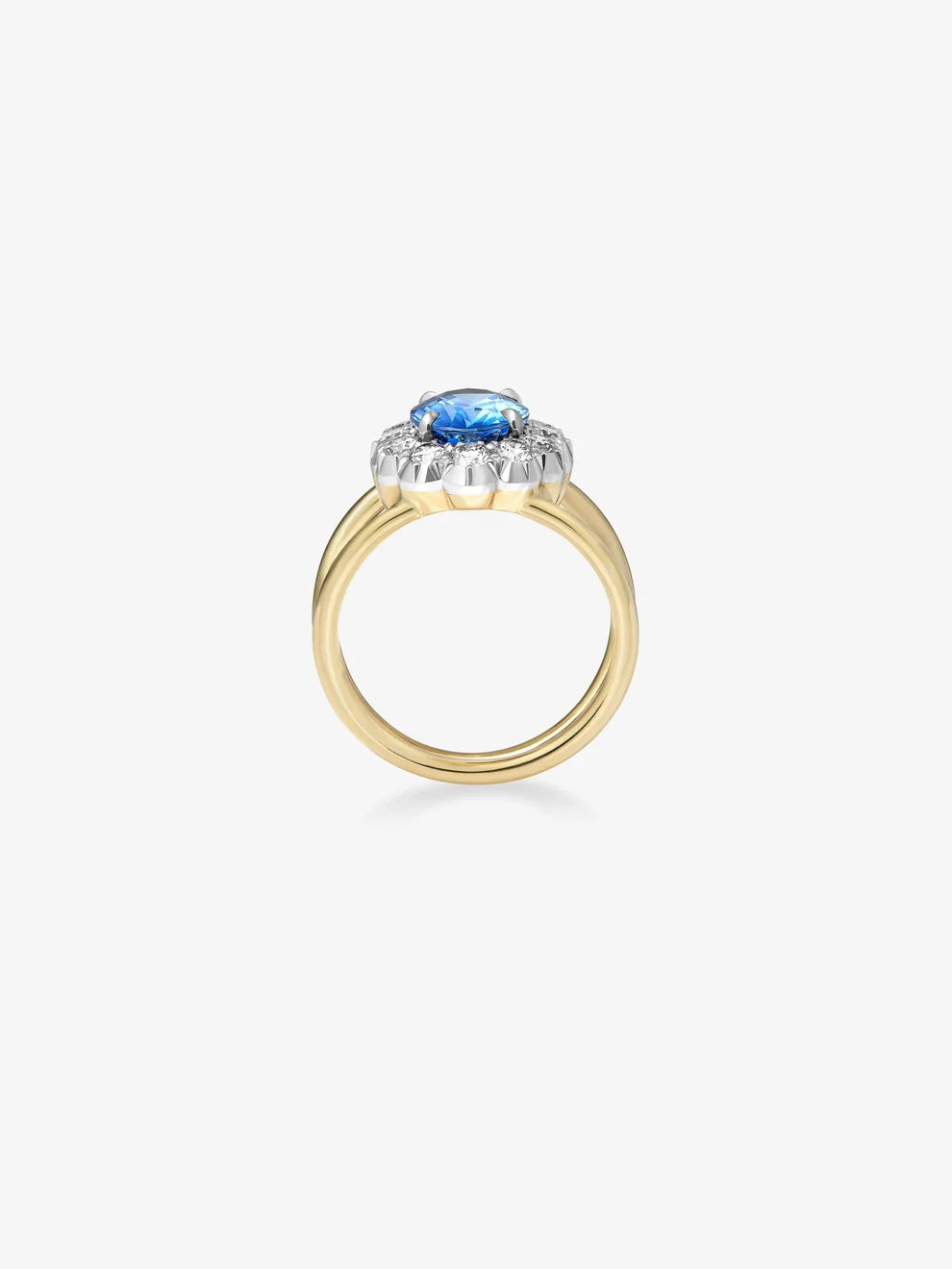 Oval Cut Blue Sapphire Scalloped Halo Engagement Ring, Round Lab Grown Diamond Floral Cluster Ring