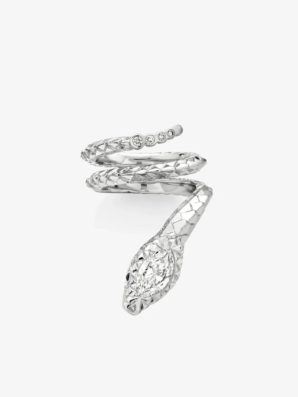 Marquise Cut Lab Grown Diamond Snake Wrap Ring, Blue Sapphire Eye Serpent Ring, White Gold Textured Coiled Statement Ring,