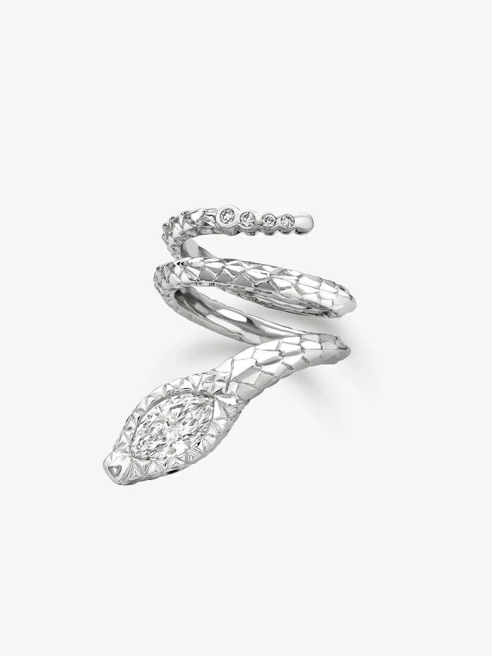 Marquise Cut Lab Grown Diamond Snake Wrap Ring, Blue Sapphire Eye Serpent Ring, White Gold Textured Coiled Statement Ring,