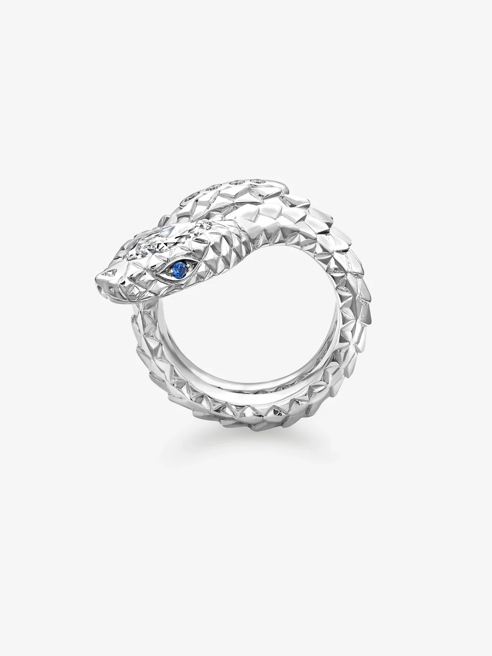 Marquise Cut Lab Grown Diamond Snake Wrap Ring, Blue Sapphire Eye Serpent Ring, White Gold Textured Coiled Statement Ring,