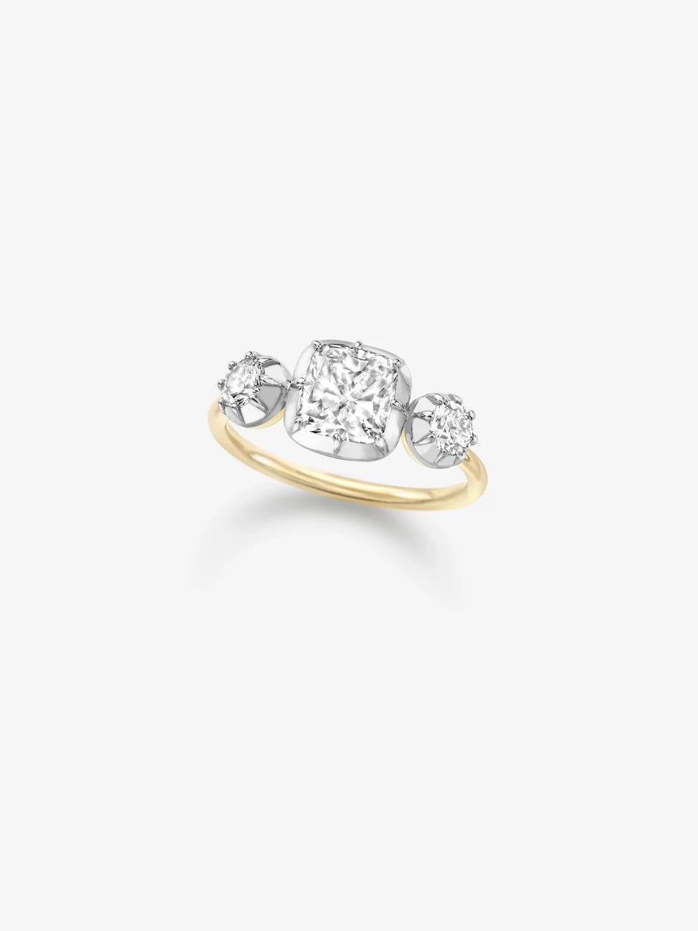 Cushion Cut Lab Grown Diamond Three Stone Engagement Ring, Vintage Illusion Bezel Setting Ring