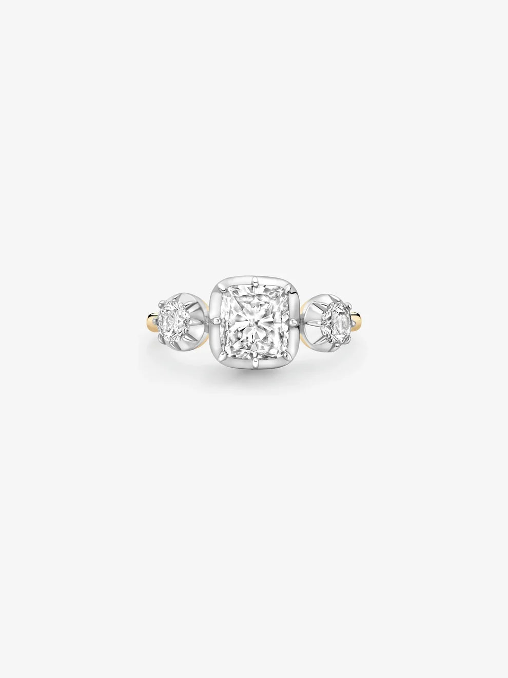 Cushion Cut Lab Grown Diamond Three Stone Engagement Ring, Vintage Illusion Bezel Setting Ring