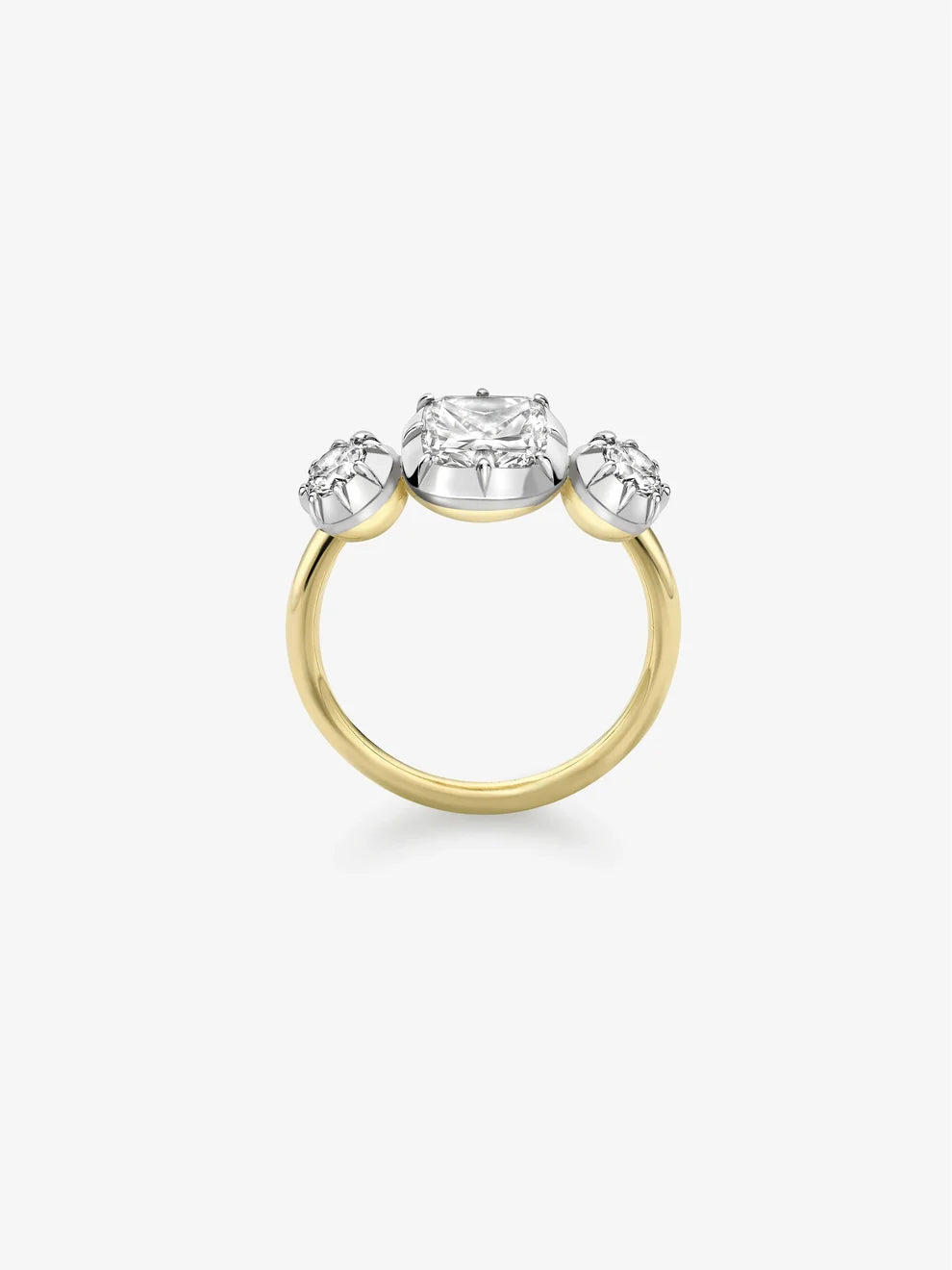 Cushion Cut Lab Grown Diamond Three Stone Engagement Ring, Vintage Illusion Bezel Setting Ring