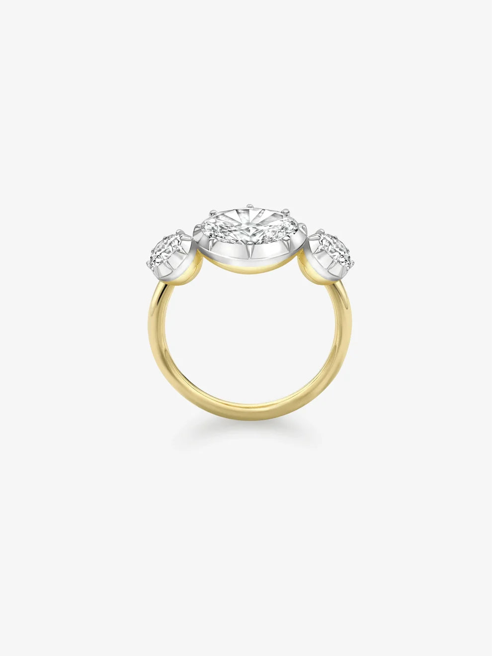 East-West Oval Cut Lab Grown Diamond Three-Stone Engagement Ring, Bezel-Prong Oval and Round Diamond Ring