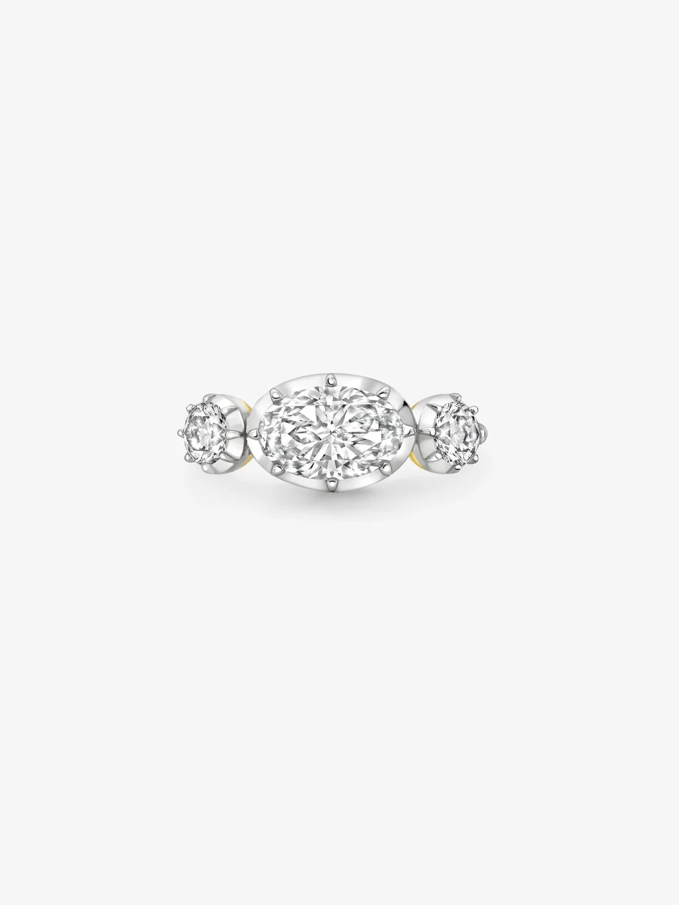 East-West Oval Cut Lab Grown Diamond Three-Stone Engagement Ring, Bezel-Prong Oval and Round Diamond Ring