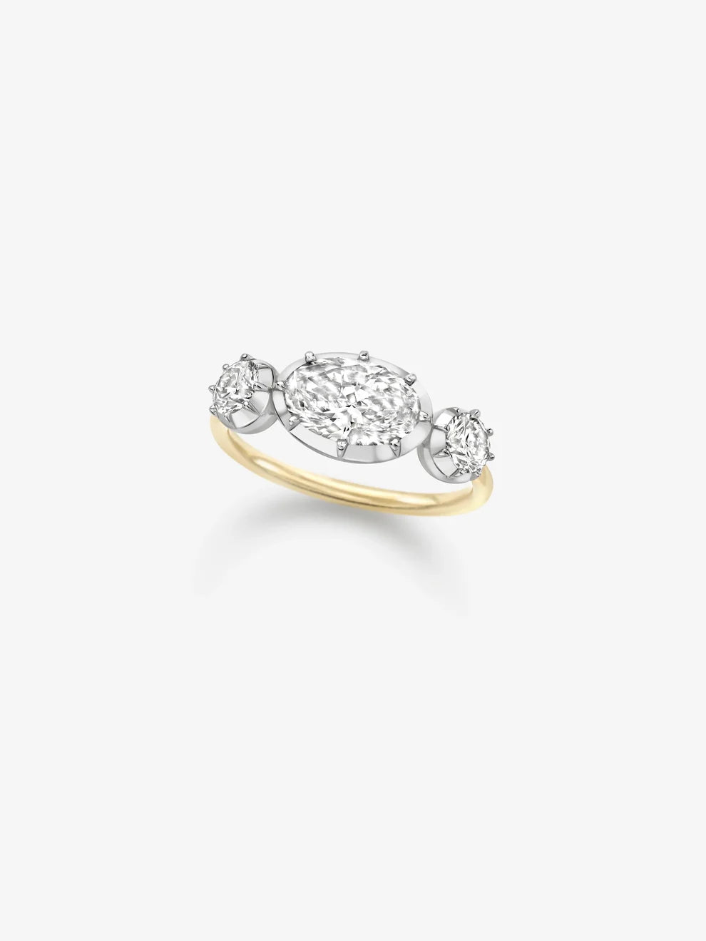 East-West Oval Cut Lab Grown Diamond Three-Stone Engagement Ring, Bezel-Prong Oval and Round Diamond Ring