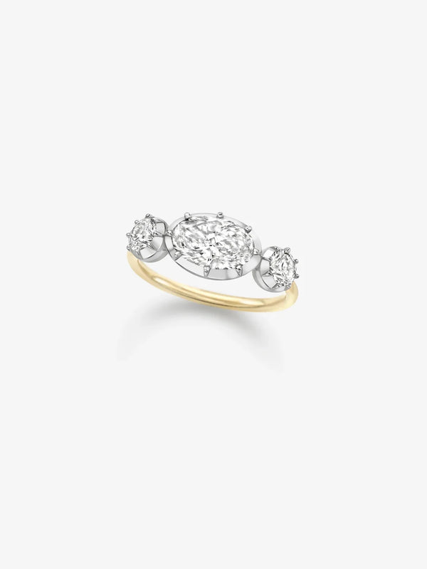 East-West Oval Cut Lab Grown Diamond Three-Stone Engagement Ring, Bezel-Prong Oval and Round Diamond Ring