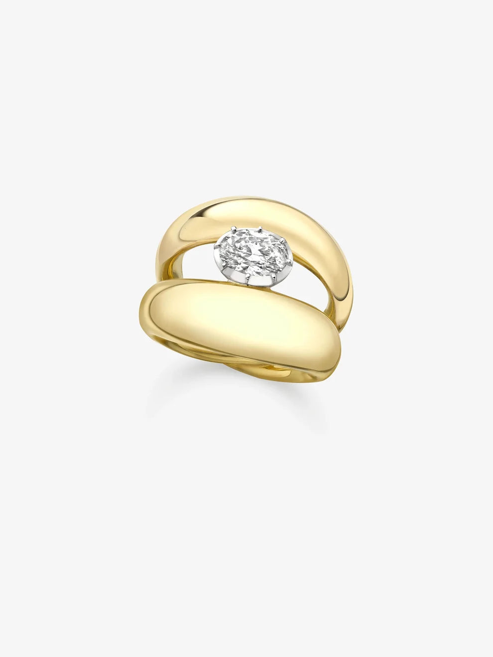 Oval Cut Lab Grown Diamond Sculptural Split Dome Ring, Yellow Gold Modernist Statement Engagement Ring