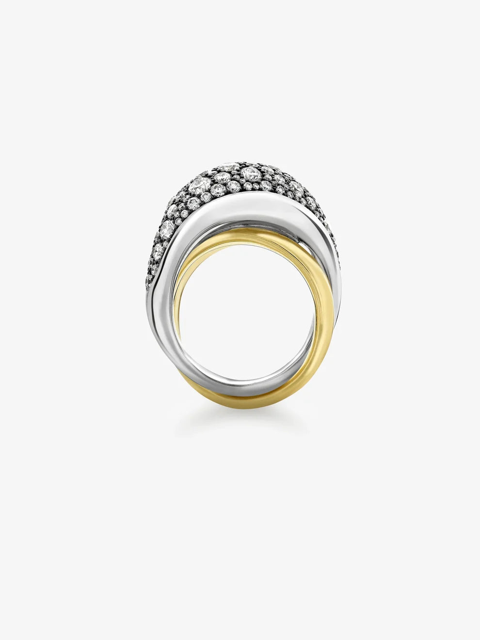 Two-Tone Pavé Diamond Wrapped Dome Ring, Bold Sculptural Cross Over Band
