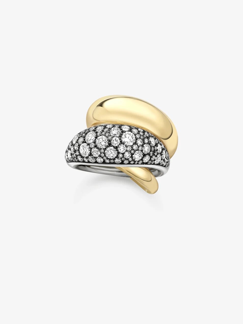 Two-Tone Pavé Diamond Wrapped Dome Ring, Bold Sculptural Cross Over Band
