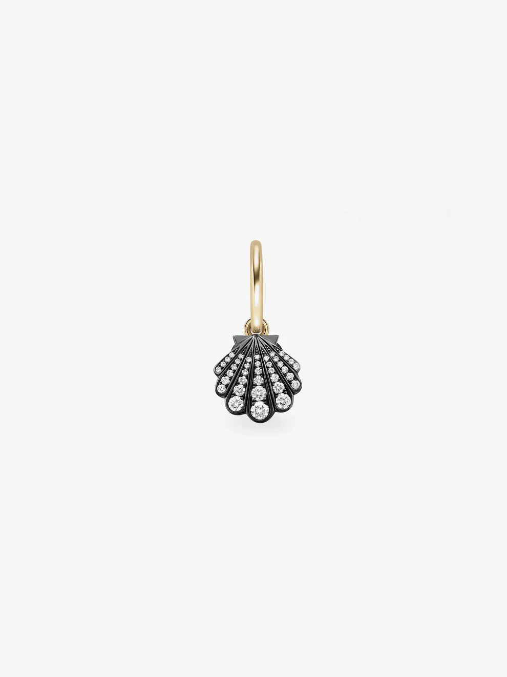 Diamond Seashell Charm Huggie Hoop Earring, Two-Tone Yellow Gold & Blackened Metal Ocean Coastal Jewelry