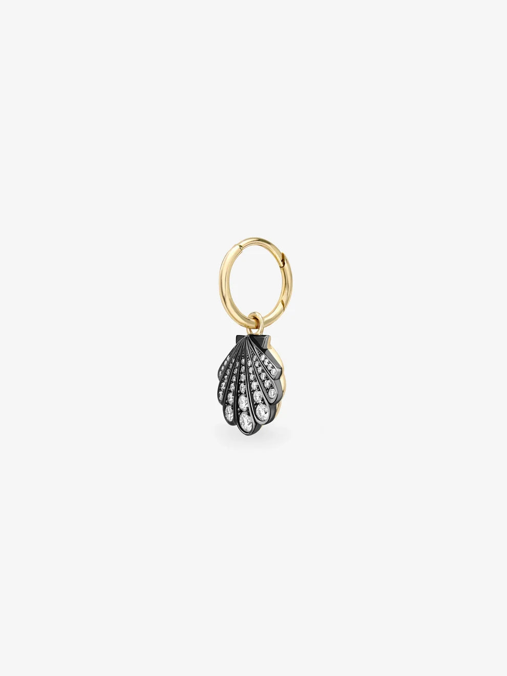 Diamond Seashell Charm Huggie Hoop Earring, Two-Tone Yellow Gold & Blackened Metal Ocean Coastal Jewelry