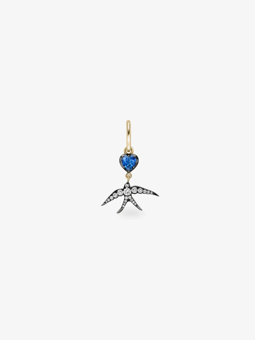 Heart Blue Sapphire and Diamond Swallow Bird Charm Huggie Earring