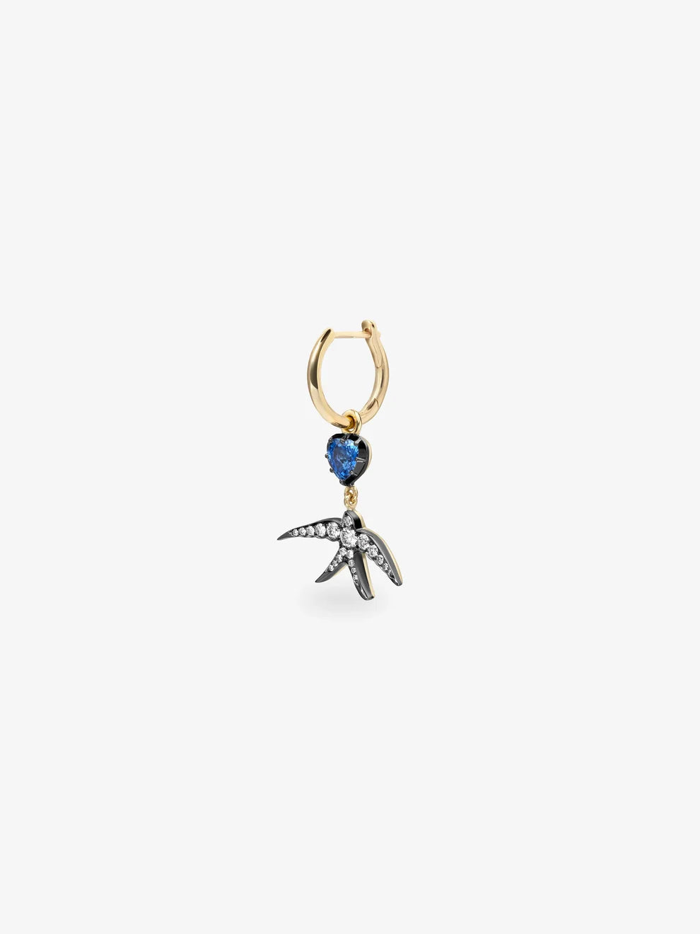 Heart Blue Sapphire and Diamond Swallow Bird Charm Huggie Earring