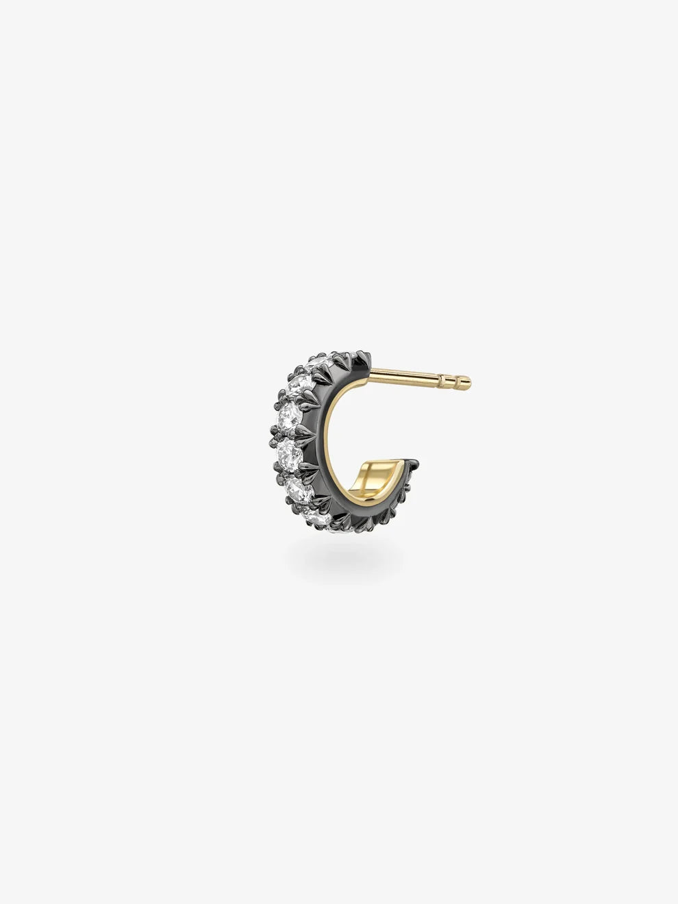 Round Cut Diamond Blackened Gold Huggie Hoop Earring, Gothic Vintage Style Half Hoop Earring