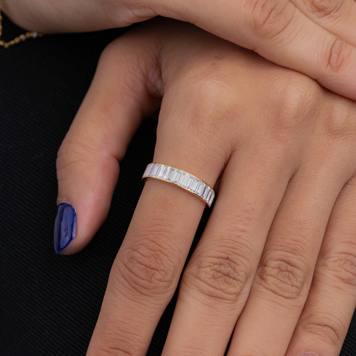 Baguette Lab Grown Diamond Wedding Band, Channel Set Wide Yellow Gold Ring