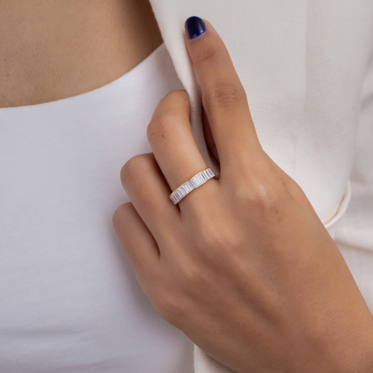 Baguette Lab Grown Diamond Wedding Band, Channel Set Wide Yellow Gold Ring