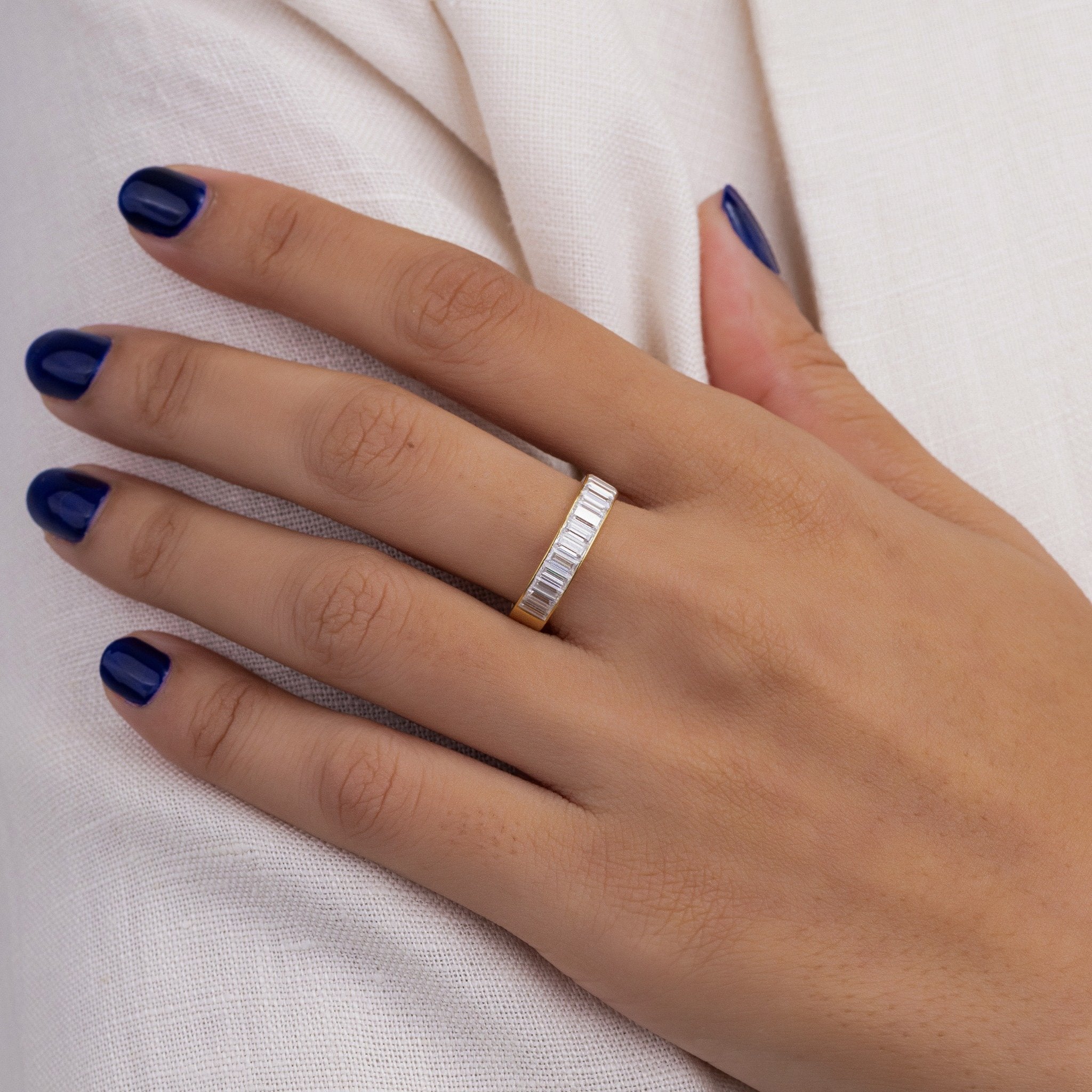Baguette Lab Grown Diamond Wedding Band, Channel Set Wide Yellow Gold Ring