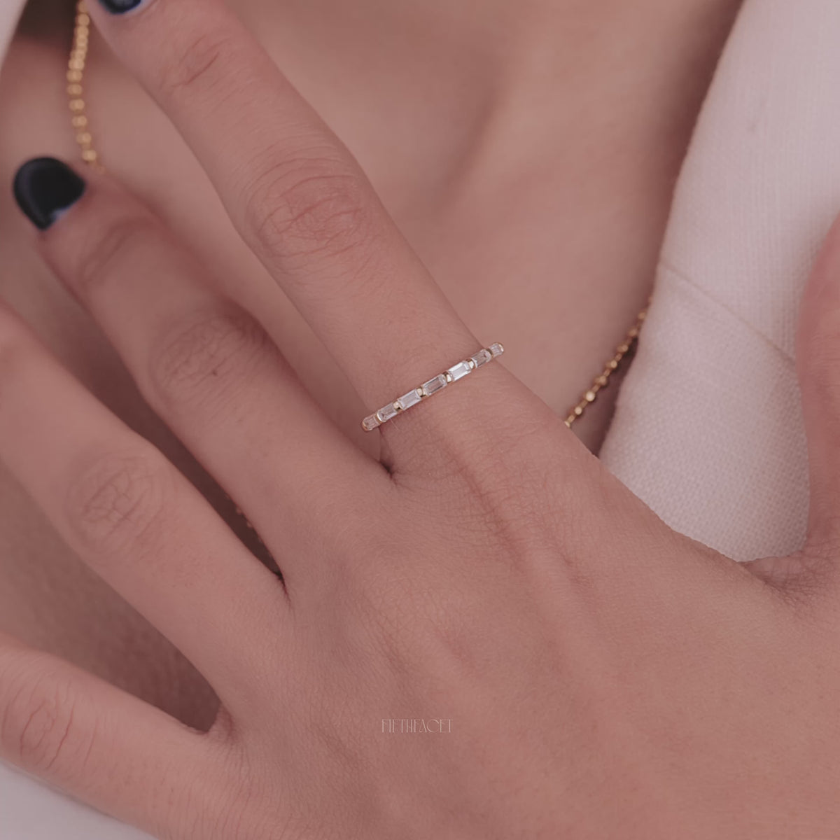 Baguette Cut Lab Grown Diamond Wedding Band, Minimal Yellow Gold Half Eternity Ring